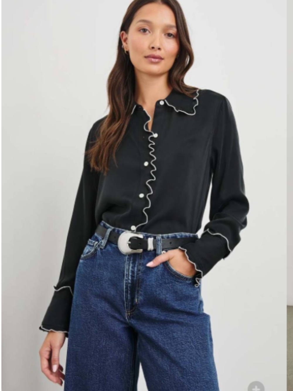 Rails Fia Black silk Button Down Shirt with White lettuce edging, S,  CB2676 - Picture 3 of 7